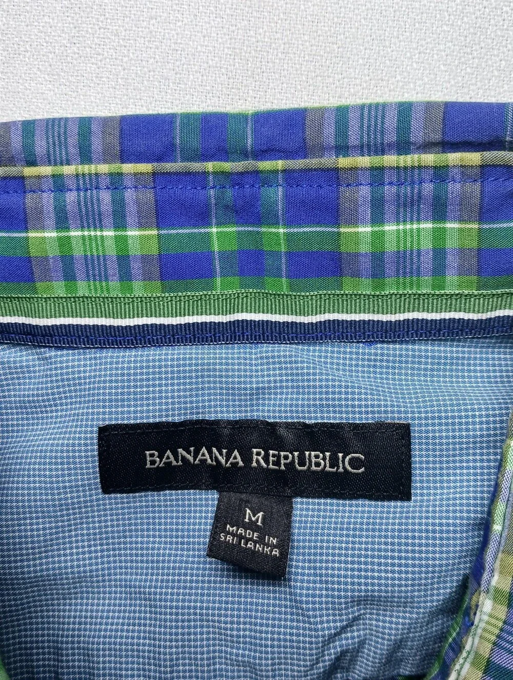 Banana Republic Mens Short Sleeve Button Up Shirt Medium Plaid Blue Green